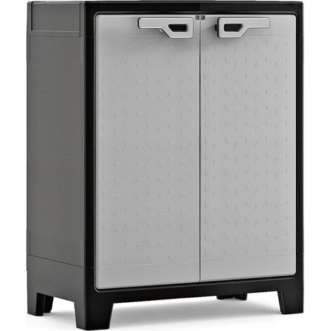 Armoire Basse Titan - Armoire de Rangement en Résine - Étagères Modulables, Pieds Réglables, Charnières Métalliques - Cuisine, Garage, Atelier, Placard - 80 x 44 x 100cm - Noir/Gris (1/5)