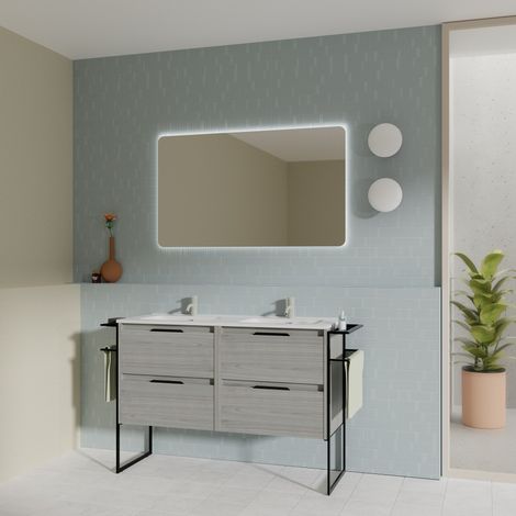 Meuble de salle de bain sur pied 120 cm gris sablé avec vasque - Reims - gris 120 cm Avec miroir et lampe LED - Accessorio: Standard - Colore: grigio - Misura: 120 cm