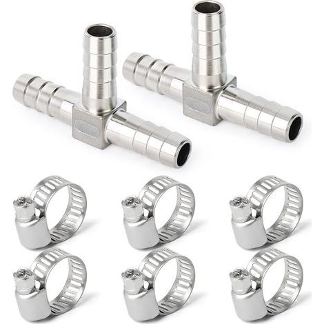 2 pièces 10mm en Acier Inoxydable Tuyau té barbelé, 3 Voies en Forme de T SUS 304 raccord de Tuyau avec 6 pièces Pinces (1/5)