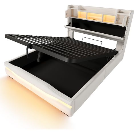Lit coffre 160x200 avec LED et port USB, lit capitonné beige en lin, tête de lit avec rangement, sommier relevable hydraulique. (1/5)
