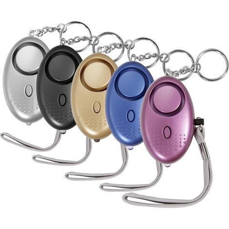 5er-Set persönliche Alarme – 130 dB – Mit LED-Licht – Schlüsselanhänger – Für Frauen, Kinder und Senioren – Schwarz, Silber, Lila, Gold, Blau (1/5)