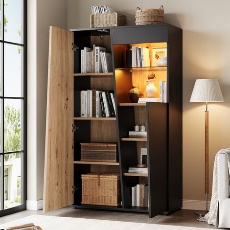 Vitrine haute LED Bluetooth 80 x 35 x 139,5 cm MDF et verre noir effet bois OKWISH (1/5)