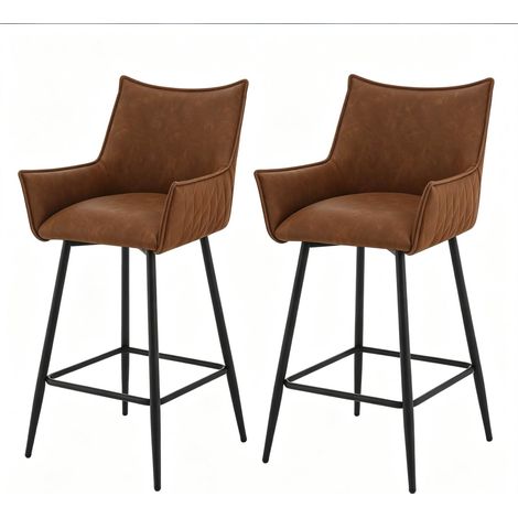 Set di 2 sgabelli da bar vintage in PU marrone con schienale e braccioli (1/5)