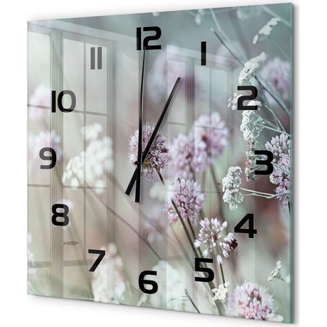 Grande Horloge Murale Carrée Décoration Cuisine en Verre Trempé Silencieuse Moderne Fleurs sauvages 60x60 cm (1/5)