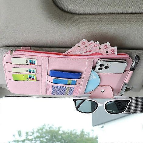 Pare-soleil de voiture, porte-cartes de visite, porte-stylo, porte-CD/DVD, boîte de rangement avec clip pour lunettes de soleil et fermeture éclair (rose)