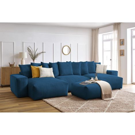 BOBOCHIC - Canapé panoramique convertible coffre VOLTAIRE avec pouf Panoramique Bleu foncé (1/5)