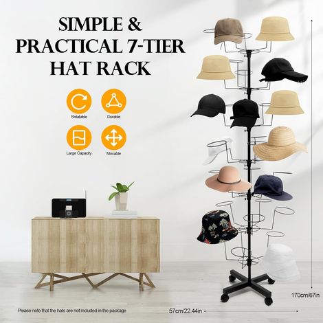 Porte-chapeaux rotatif à 7 niveaux avec 35 porte-chapeaux, support de rangement en fer sur pied en croix, réglable en hauteur pour tous les types de chapeaux, convient pour la maison et le (1/5)