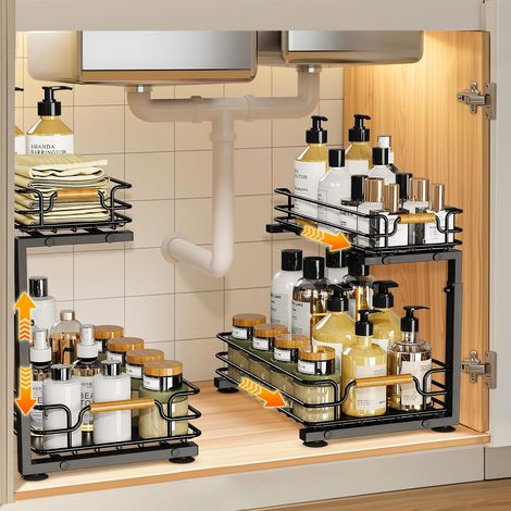 Lot de 2 Rangement sous Evier, 2 étages Métal Organisateur sous Evier Tiroir Coulissant à Extraction, Réglable en Hauteur Rangement Organisation de Cuisine, Etagere Placard sous evier Salle(Noir) (1/5)