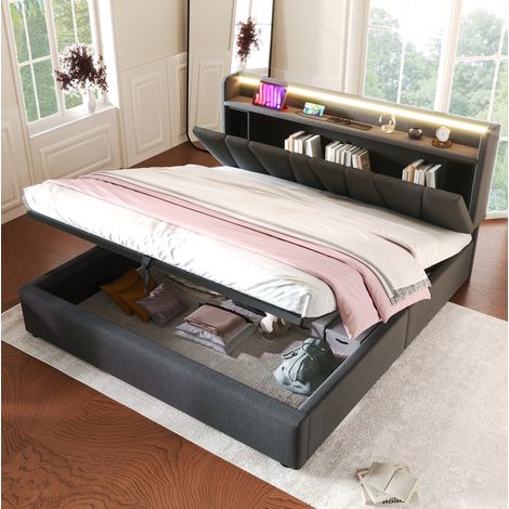 Bett Doppelbett Stauraum 140x190 LED Leinen Grau OKMYHOME (1/5)