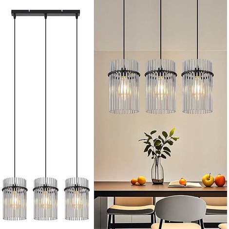 GBLY Pendelleuchte Schwarz Hängelampe Esstisch 3 Flammig E27 Vintage Glasschirm Ø 16 Für Küche Cafe Bar Wohnzimmer Ohne Leuchtmittel