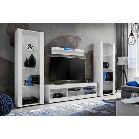 Komodee Ensemble de Meubles Tivoli Grande, Blanc/Blanc, Largeur 250cm x Hauteur 159cm x Profondeur 35cm, sans LED, 3 étagères, pour Salon, Chambre, Entrée