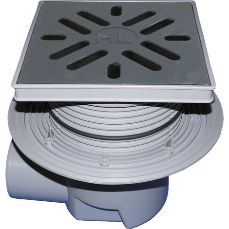 Siphon horizontal 'Perfekt' DN110, à brides, support de grille en plastique 240x240mm, grille en fonte 226x226mm, collecteur d'i