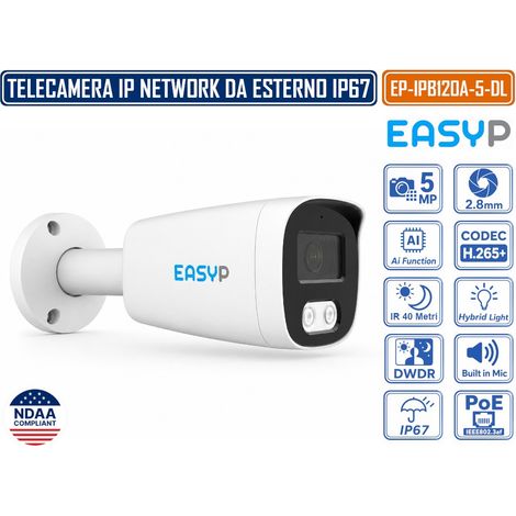 TELECAMERA BULLET IP EASY-P EP-IPB120A-5-DL 5MP CON INTELLIGENZA ARTIFICIALE, OTTICA 2.8 MM, DOPPIA ILLUMINAZIONE IR 40M E LUCE BIANCA 30M, MICROFONO, IP67, POE E P2P (1/4)