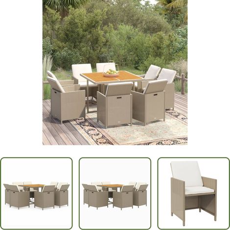 Gartenmöbel - 9-tlg. Garten-Essgruppe mit Kissen Poly Rattan Beige (1/5)