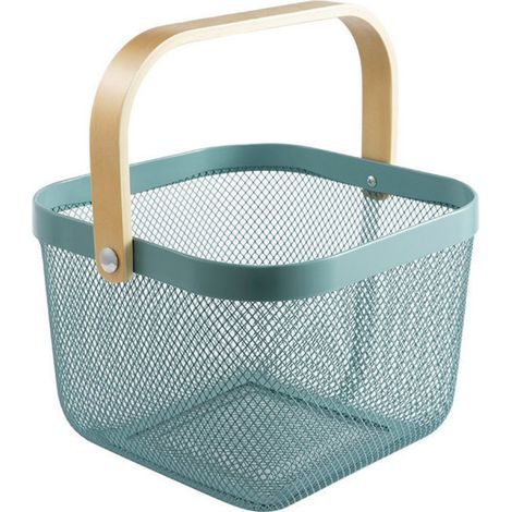 Panier à fruits décoratif en fil de fer,panier de rangement, maille métallique avec poignée en bois pour la cuisine,étagères (Bleu)