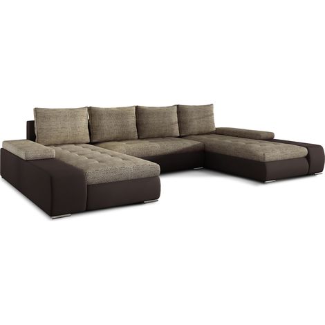Canapé panoramique convertible TINO bi-matière avec rangement-Marron/Beige clair chiné (1/5)