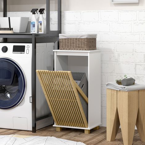 Meuble salle de bain avec panier à linge, porte à lattes en bambou et sac amovible, blanc et effet bois naturel (1/5)