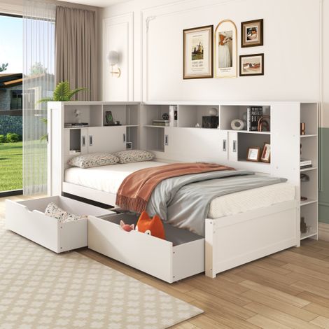 Multifunctional White Platform Bed with Trundle,Bookcase,USB,Storage Drawers,and Dust-Proof Cabinet