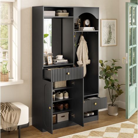Kompaktgarderobe aus MDF schwarz mit Spiegel und Sitzbank, LED-Beleuchtung, 100 x 35 x 180 cm (1/5)