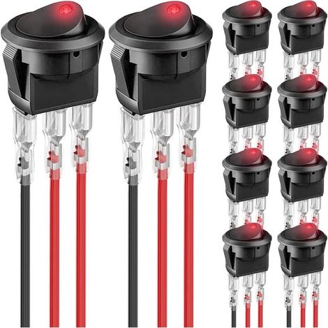 Interrupteur de bascule rond 10pcs 12V 20A 3Pin câblé LED Light Power On Off Interrupteur de bascule éclairé SPST avec fils de borne verrouillés de 30pcs, LED rouge