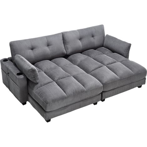 Divano 2 posti modulare grigio in corduroy, trasformabile in 2 poltrone, con cuscini (1/5)