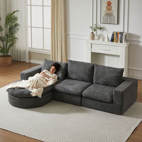 Canapé modulable 3 places Chenille gris - Méridienne réversible, sans montage (1/5)