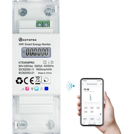Compteur d'énergie connecté Wi-Fi, Contrôle bidirectionnel, Compteur electrique monophasé Rail DIN 5(65) A 90-250V, Mesure production photovoltaique, Compatible (1/5)