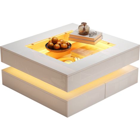 ELVMI Quadratischer Couchtisch mit 3 Schubladen, Per App Steuerbarem LED-Licht und Glasplatte für Wohnzimmer, Weiß (1/5)