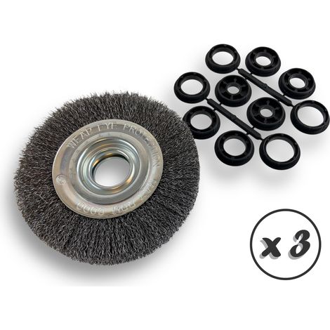 Lot de 3 brosses circulaires ACIER Ø 150 mm Epaisseur 3 rangs Fil dur 0.30 mm ondulé Alésage 32 mm + réducteur bague 25/22/20/16/12 mm Touret affûteuse ponceuse Kibros 235153ATx3
