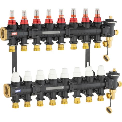 Nt Noyon & Thiebault – Collecteur pour plancher chauffant rafraichissant 8 boucles – Matériaux composites – 2 prises de vidange – Vannes thermostatisables M30x1.5