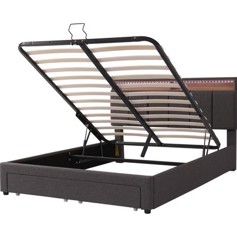 Letto contenitore LED 140 x 200 cm grigio in lino con telaio in acciaio e rete a doghe (1/5)