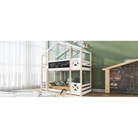Kinderbett Baumhaus mit Leiter 90 x 200 cm, Hochbett für Kinder– Natur & Weiß (1/5)