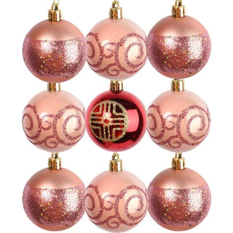 Set di 9 palline di Natale rosa in plastica con decorazioni (1/5)