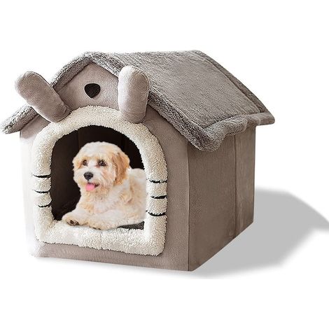 Lit-grotte pour chat, lavable, igloo en peluche chaude, maison pour chat pliable et confortable, lit pour chien avec fond antidérapant (S, chat gris) (1/5)