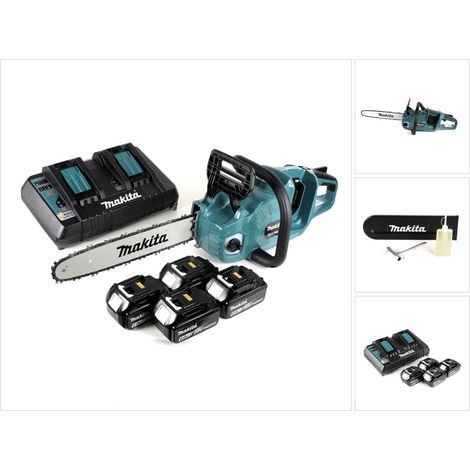Makita DUC 355 PG4 Akku Kettensäge 36V ( 2x18V ) Brushless 35 cm + 4x 6,0 Ah Akku + Doppelladegerät