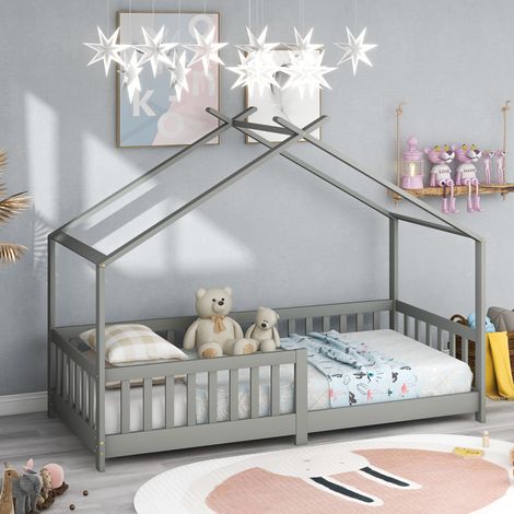 【Interdit à la vente en Allemagne】Joli lit maison pour enfant, en bois massif avec barrière et sommier à lattes, avec barrière de sécurité pour chambre d’enfant et d’adolescent, gris (200x90cm) (1/5)