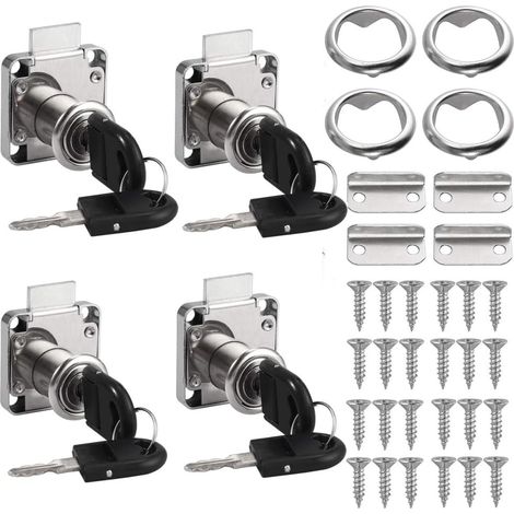 Lot de 4 serrures de tiroir, 22 mm en alliage de zinc, serrures de meubles, serrures cylindriques de sécurité avec clés et vis, serrure à came pour la maison et le bureau (argenté) (1/5)