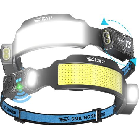 Lampe Frontale, Lampes Frontales LED Rechargeable Ultra Puissante avec 6 Faisceau Large & Spot Réglable Détecteur de Mouvement 2400 mAh 6 Modes pour Randonnée Pêche Camping Cyclisme