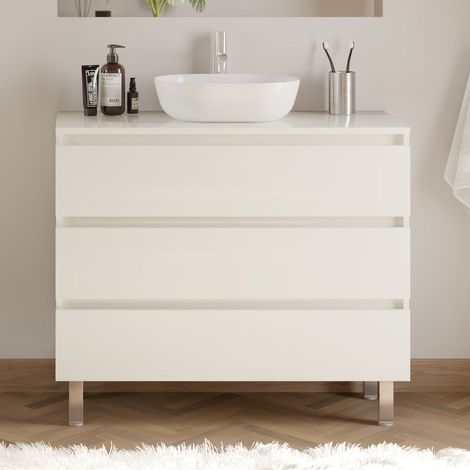 Meuble de salle de bain 100cm avec plateau et vasque à poser arrondie - 3 tiroirs - sans miroir - blanc brillant - MAYOR