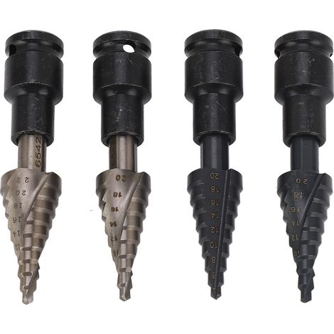 Foret étagé 4 pièces, forets hélicoïdaux et droits, acier haute résistance, pour perceuse électrique, visseuse et perceuse à colonne. (1/5)