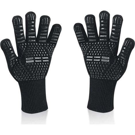 Gants de barbecue universels, résistants à la chaleur jusqu'à 800 °C, antidérapants, ignifuges, en silicone, avec protection de l'avant-bras, pour barbecue, four, cheminée (noir) (1/4)
