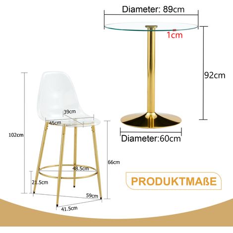 Set de bar flexible con mesa redonda de cristal de 89 cm y 2 taburetes transparentes dorado HOMVRA (1/5)