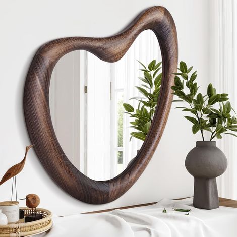 Miroir mural irrégulier, cadre en bois asymétrique, miroir de courtoisie unique pour salle de bain, chambre à coucher, salon, entrée, 50 x 40 cm, marron rustique, taille L (1/5)