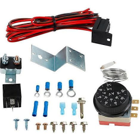 Kit de thermostat et de commande pour ventilateur de radiateur électrique 12 V, comprenant un relais et un câblage pour voiture ou camion. (1/4)
