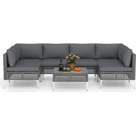 COSTWAY Set di Mobili da Giardino, Giardino Arredo Esterno con Tavolino in in Vetro Temperato, 6 Divani e Cuscini, Set da Conversazione in Rattan PE per Bordo Piscina e Cortile (Modello 2,7 pezzi) (1/5)