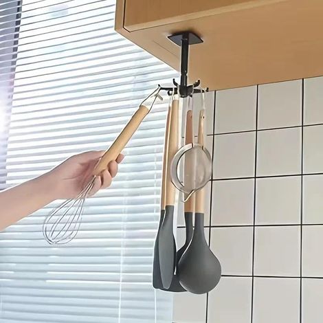 6 Crochets Muraux Adhésifs En Plastique Rotation 360 Degrés Pliables Pour Ustensiles De Cuisine Salle De Bain Noir 8x5cm (1/5)