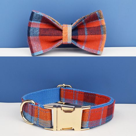 Collier pour chien motif plaid avec nœud papillon / Taille M / Tissu et velours bleu / Réglable (1/2)