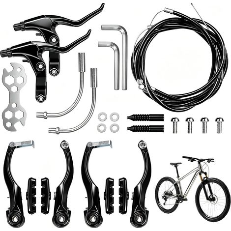 Kit Frein Vélo Avant Arrière avec Leviers de Frein, Câbles et Patins V-Brake, Pièces Détachées pour VTT et Vélo Route, Set Complet de Réparation Frein Vélo (1/5)