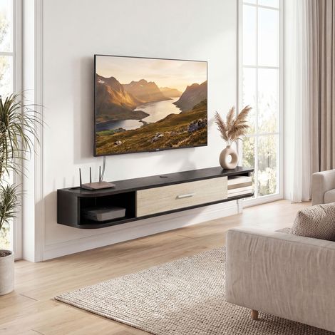 Mobile porta TV a parete, 120 cm, adatto a TV fino a 50 pollici, anta a ribalta, 2 ripiani a giorno e sistema di gestione dei cavi, nero.