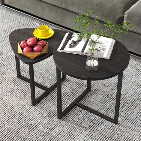 Table basse ronde lot de 2 en panneau bois et métal, noire, 45/42 cm, style industriel (1/5)
